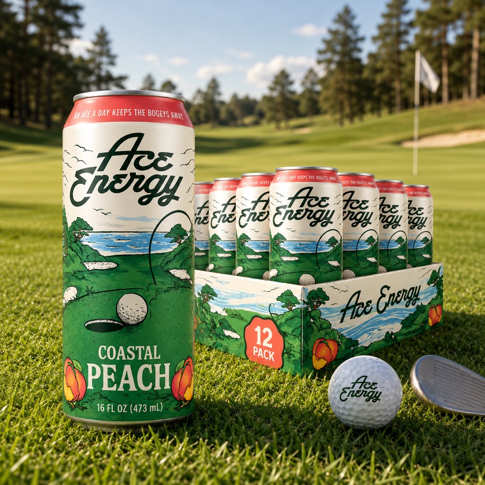 Ace Energy Coastal Peach — a 16 oz can and 12-pack on the golf course beside an Ace Energy golf ball and wedge