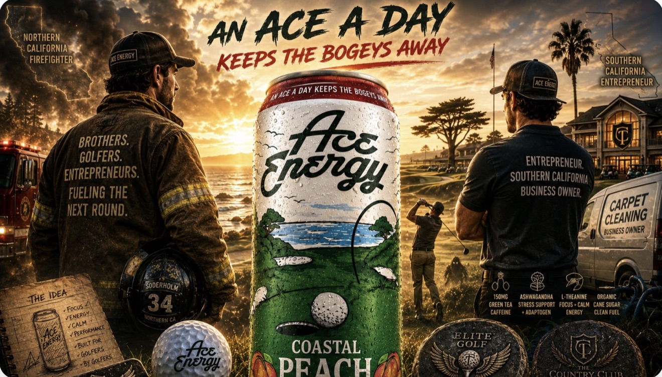 Ace Energy brand poster — An Ace a Day Keeps the Bogeys Away, featuring two brothers and a can, with The Country C1ub and Elite Golf coins in the artwork