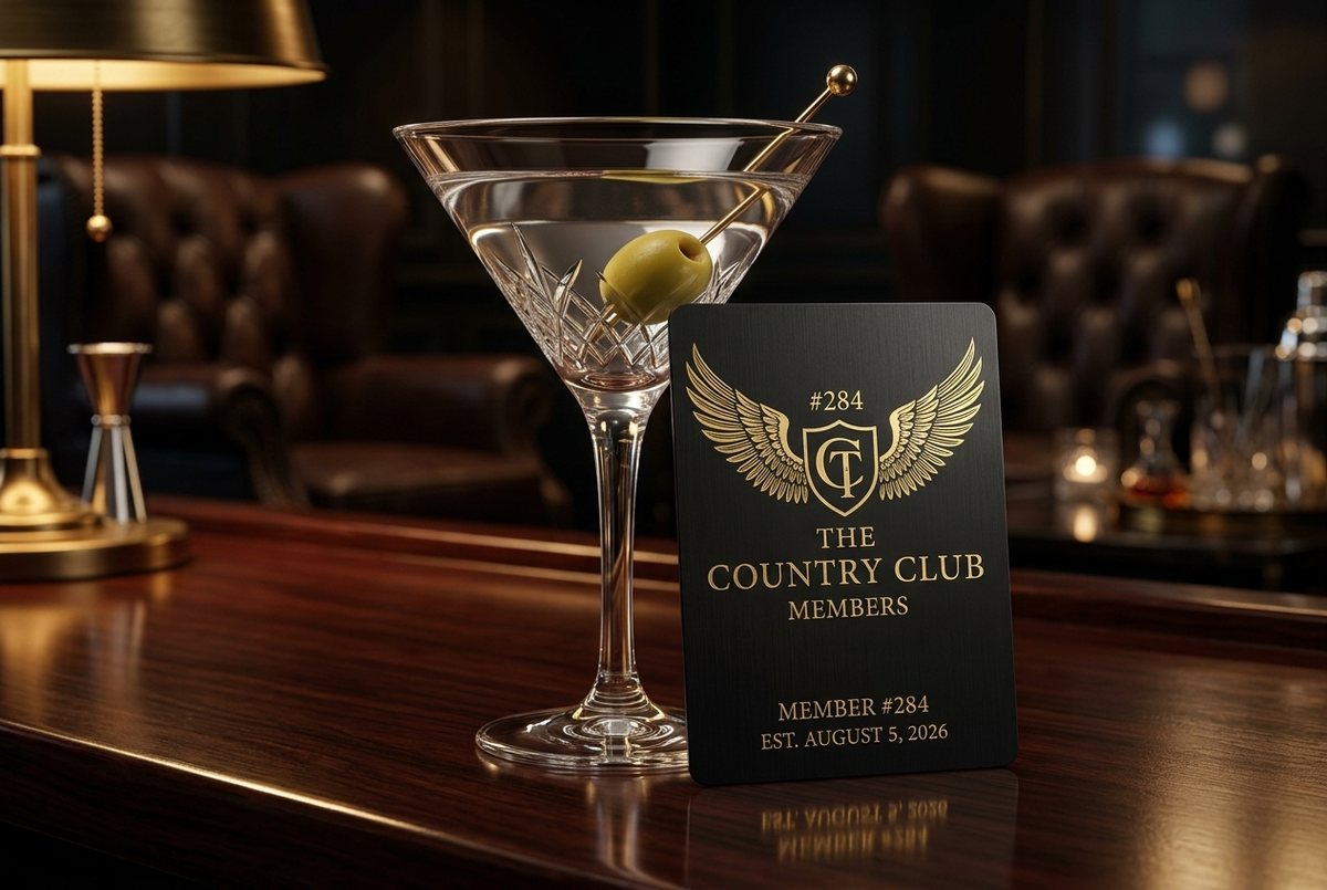 The Country C1ub membership card No. 284, matte black metal engraved in gold, resting against a crystal martini glass on a mahogany bar