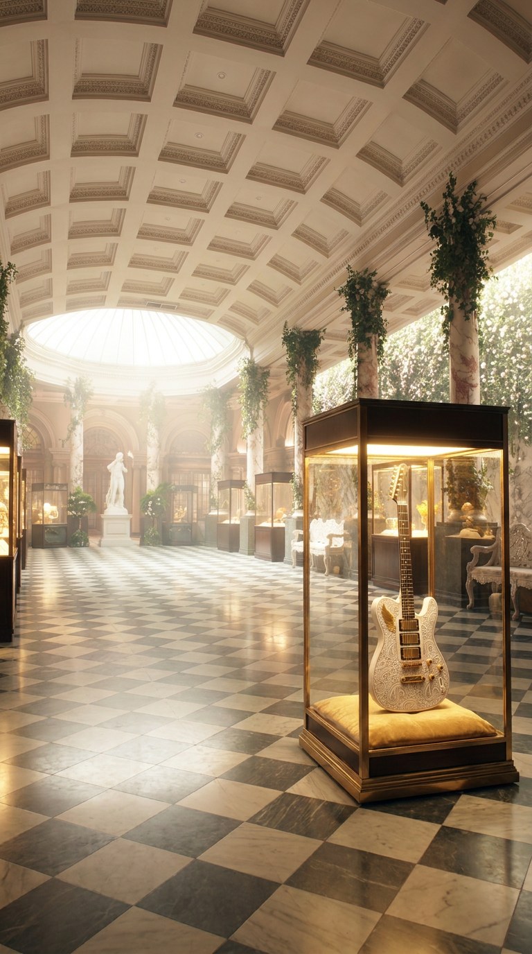 The C1ub Guitar standing on a gold cushion inside a tall lit brass-and-glass case, in a domed marble gallery with ivy-wrapped columns and a checkered floor