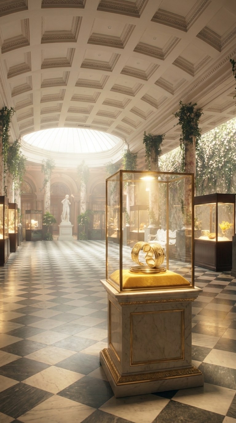 Franchesca's gold bracelets in the museum — the pair of cuffs on a gold cushion inside a lit brass-and-glass vitrine on a marble pedestal, in a domed gallery hung with ivy