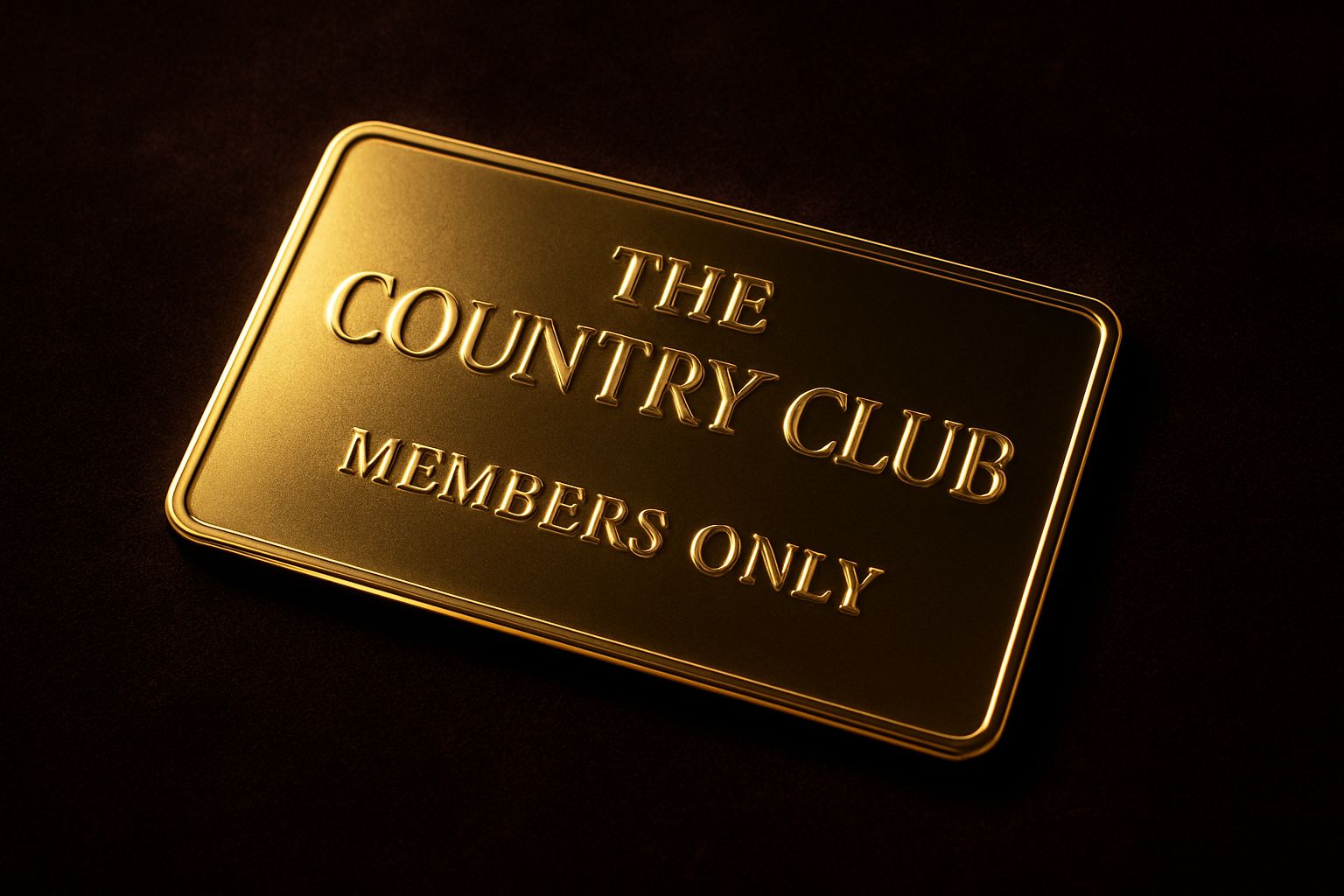 The first Country C1ub card — a gold plate with rounded corners and a raised border, lying on black, engraved THE COUNTRY CLUB above MEMBERS ONLY