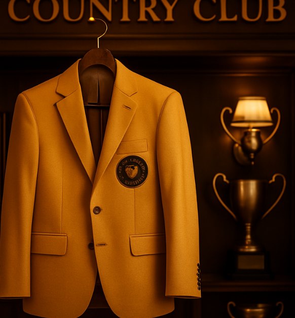 The first digital gold jacket — a gold blazer with a crest patch on a wooden hanger beneath Country Club lettering, trophies and a lamp behind