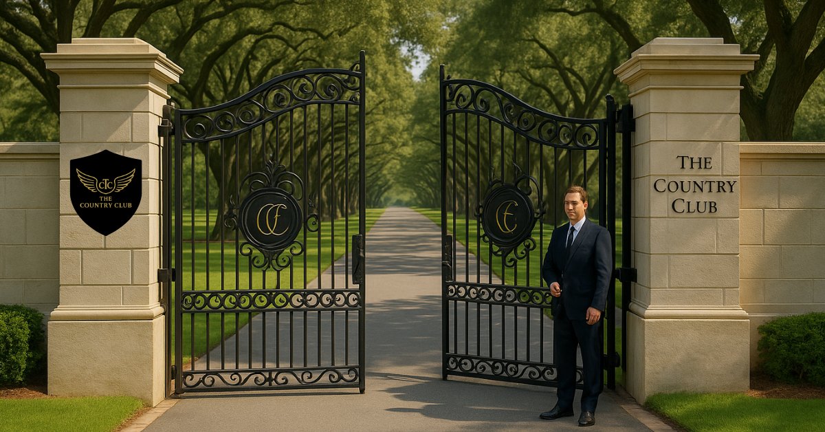The first image the c1ub ever generated — the estate gate standing open under the oaks, a greeter in a suit beside it, the first crest on the stone pillar