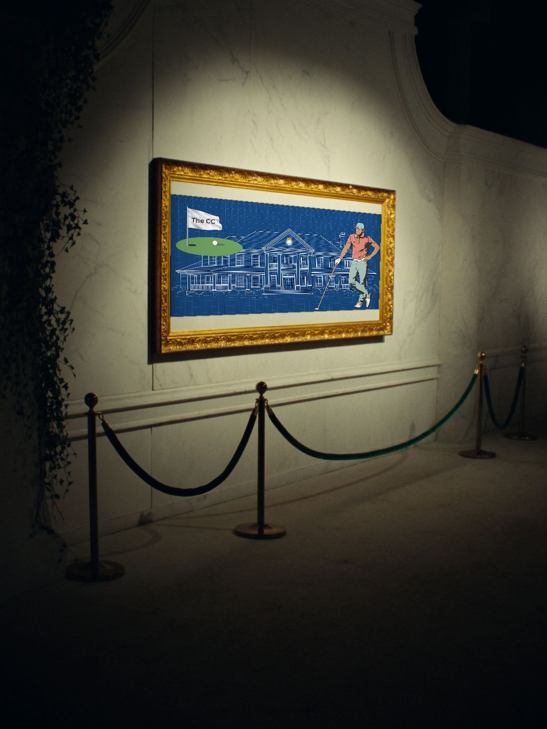 The First Image hanging in its gilded frame on the museum's marble wall — a navy blueprint of a clubhouse with a paper golfer and a white flag reading The CC