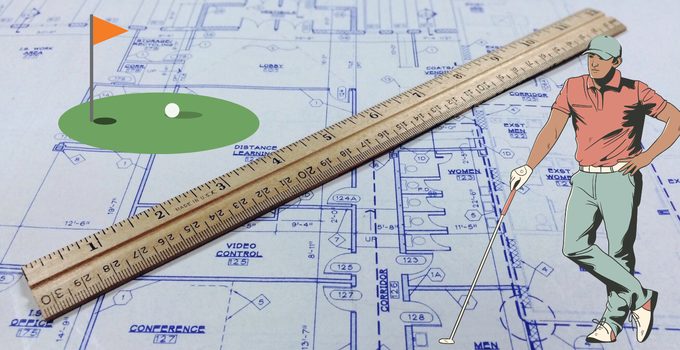 State one — a photographed architect's blueprint with a wooden ruler still lying across it, a paper green and golfer set on top