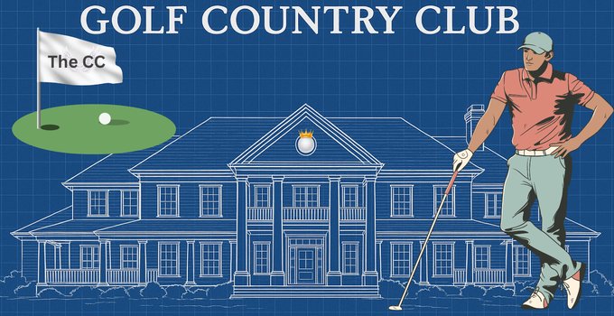 State two — the drawn navy blueprint clubhouse titled Golf Country Club, the crowned ball in the pediment