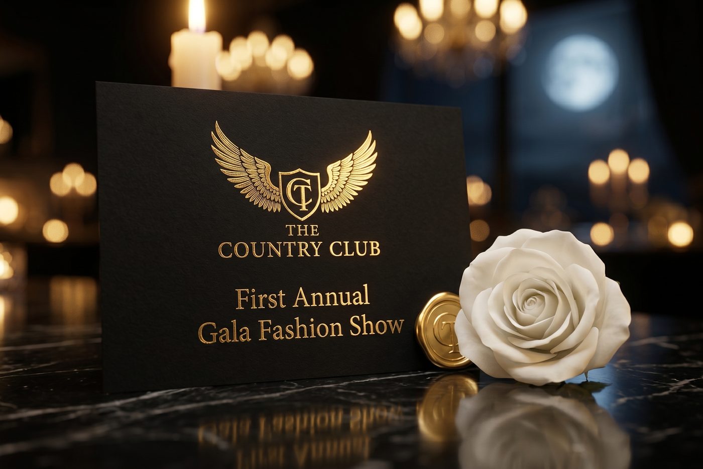 The Gala invitation — a black card with the gold winged crest reading First Annual Gala Fashion Show, a gold wax coin and a white rose beside it on dark marble