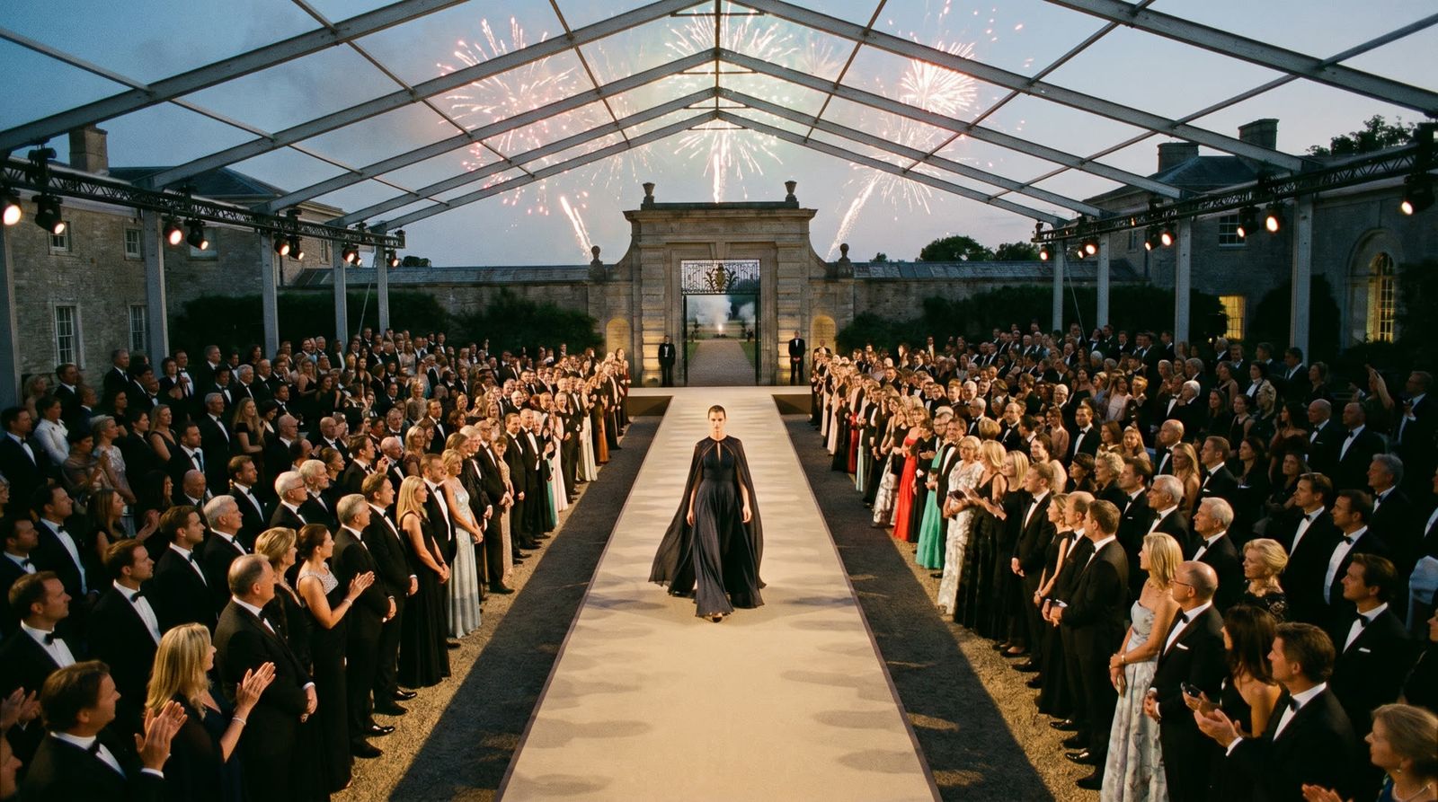 The Gala, June 2026 — the house in black tie flanking a runway under a glass pavilion, fireworks breaking over the estate gate