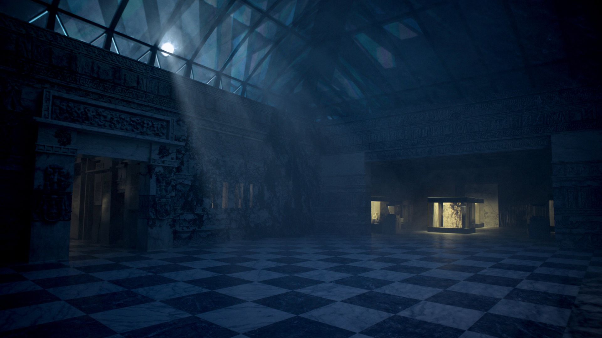 The museum at night — moonlight through the glass dome onto the checkerboard marble floor, one display case glowing gold in the dark