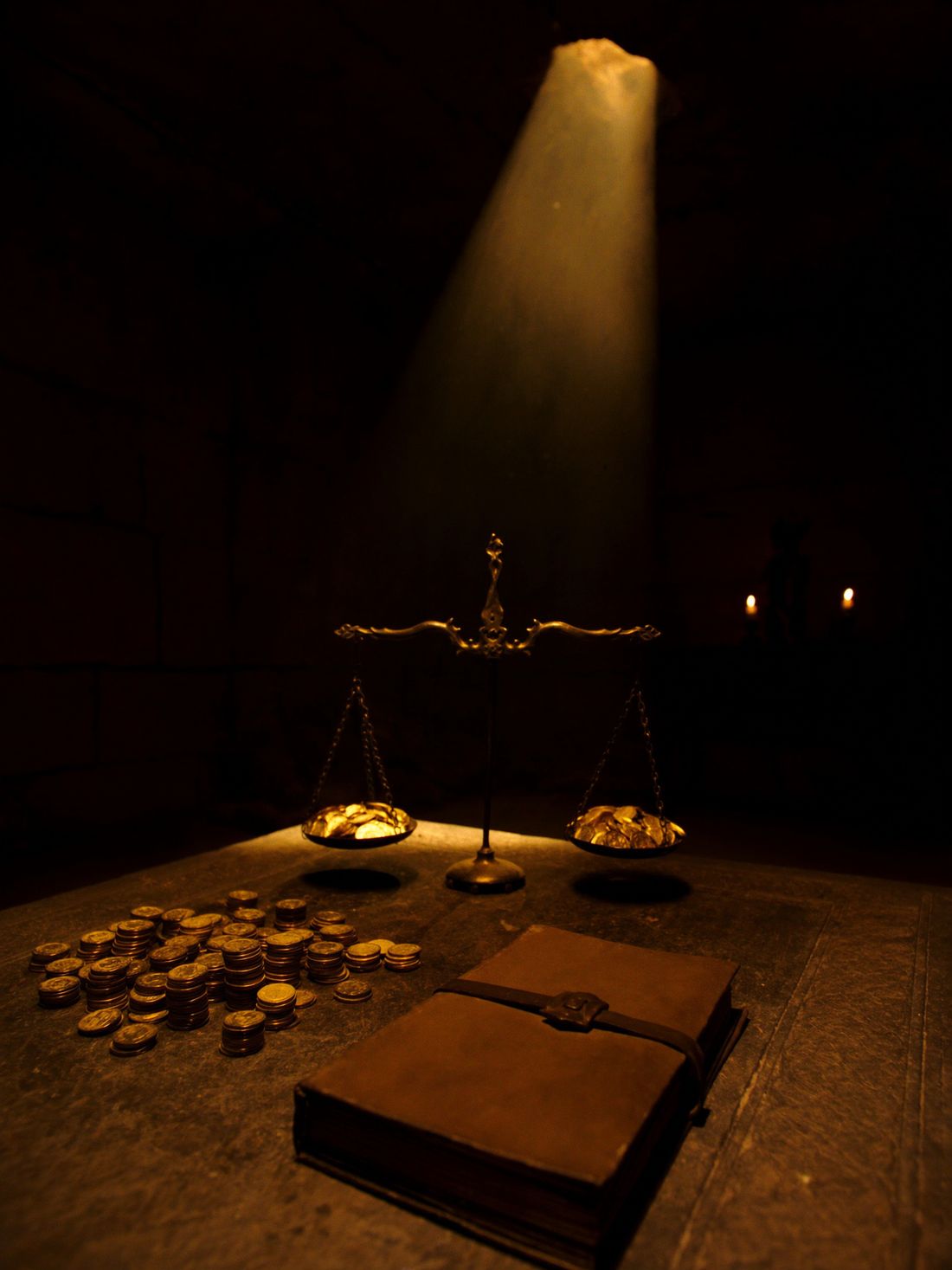 A treasury chamber — bronze scales, gold coins, and a closed ledger under one shaft of light