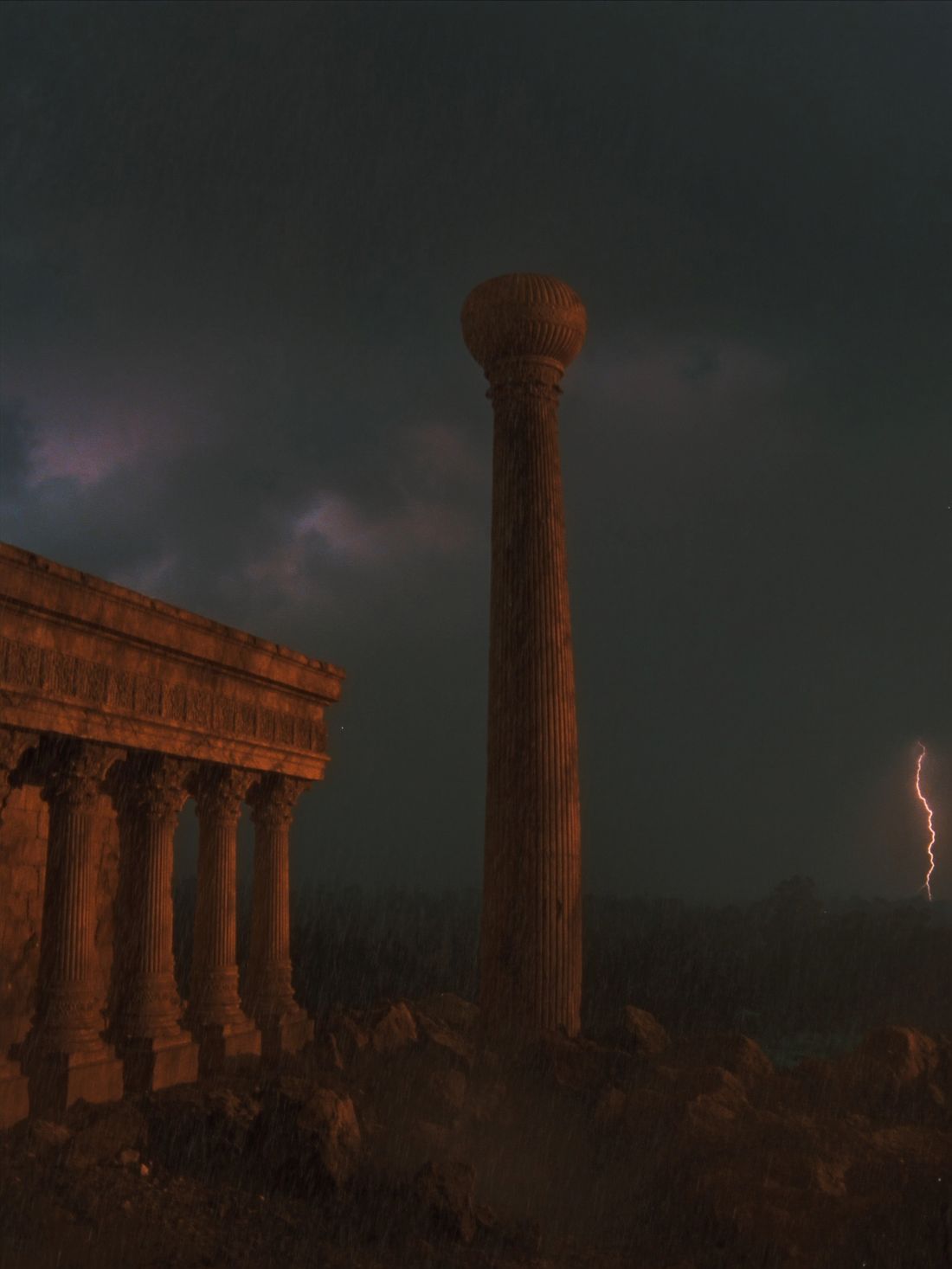 A lone pillar standing calm in a monsoon storm, lightning on the horizon