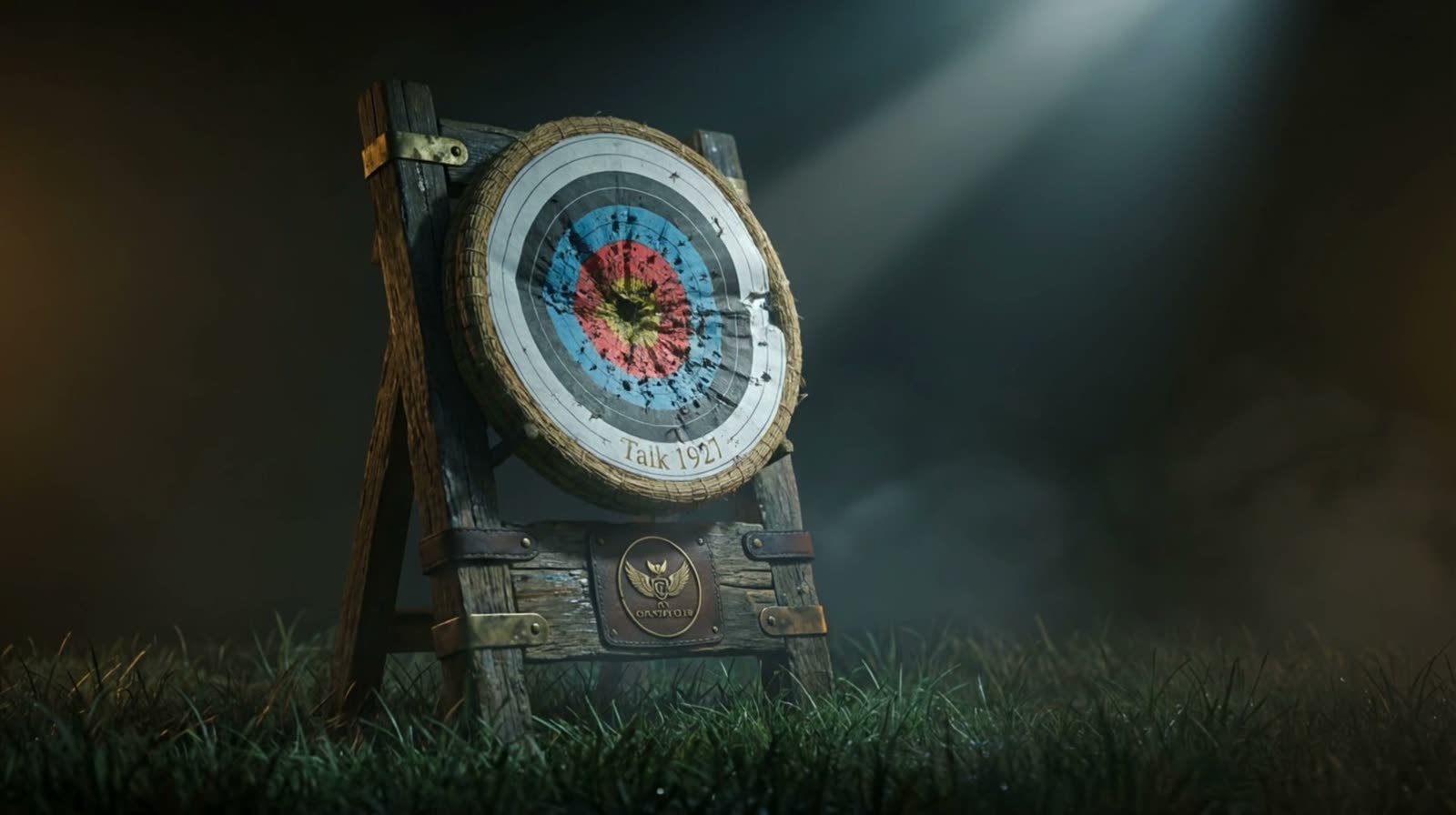 The old target board, its centre torn from years of arrows, standing in smoke under a shaft of light