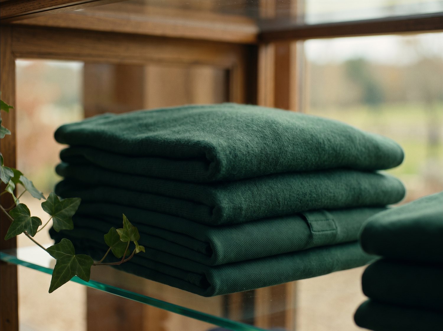 Folded forest green cashmere and pique knitwear stacked on a lit glass display case