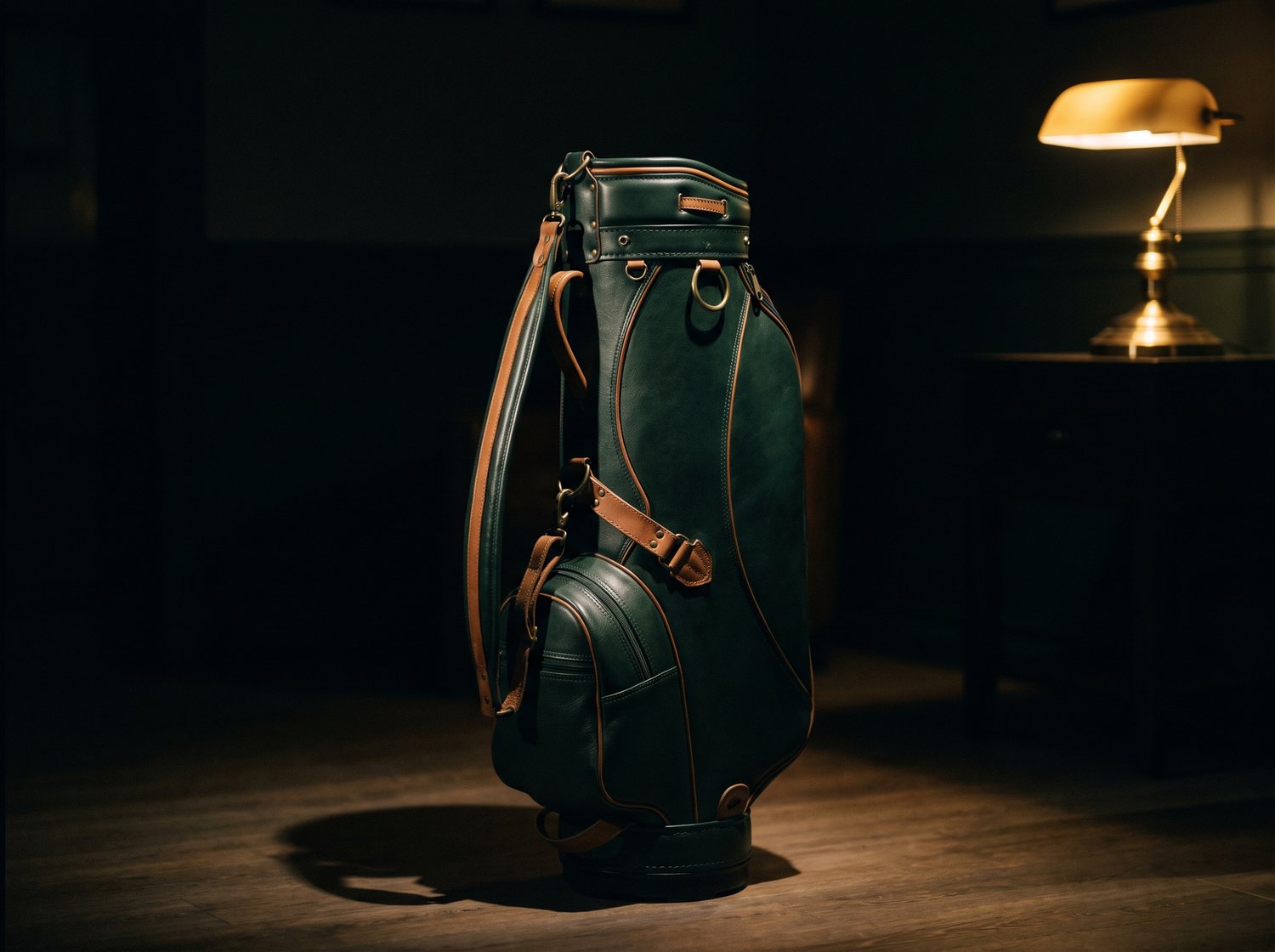 A dark green leather golf staff bag with brass hardware standing in a panelled room lit by one brass lamp