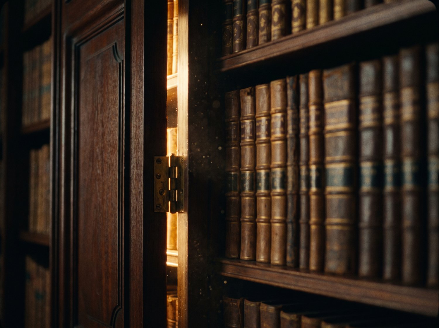 A mahogany bookcase standing ajar like a hidden door with warm gold light spilling through the gap