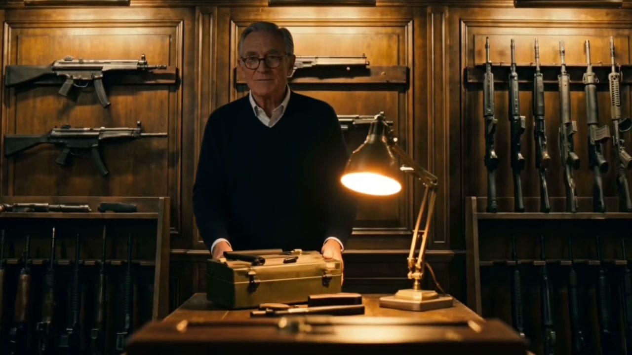 The armourer standing at his bench under a brass lamp in front of the racked wall