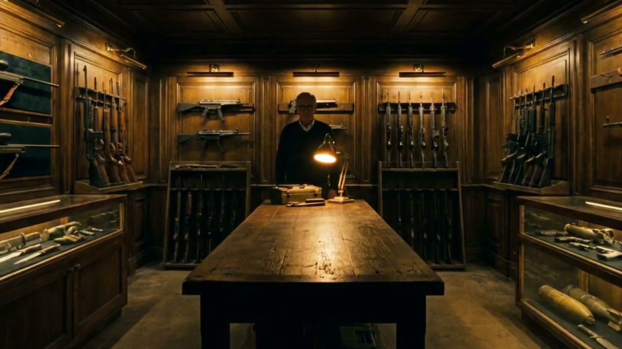 A dark panelled armoury lined with racked rifles, a long table and a single brass lamp