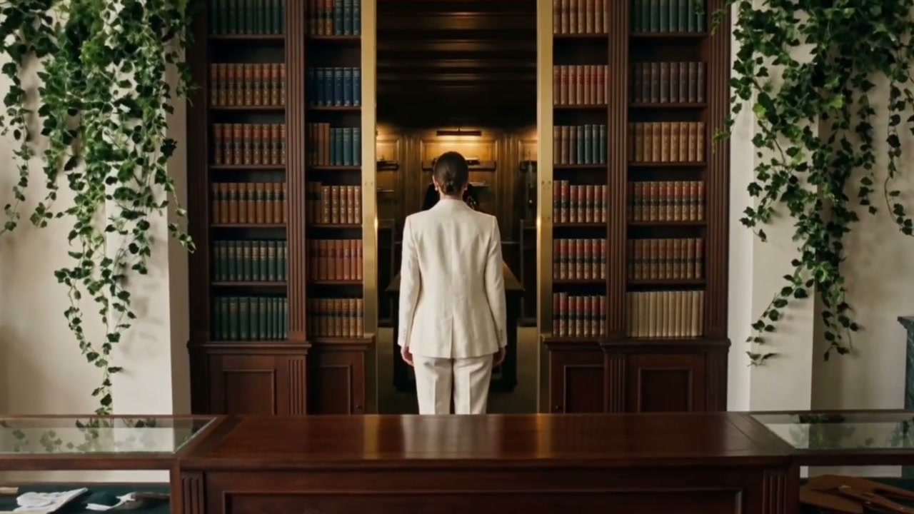 A man in a white suit standing at the open library shelf in the pro shop