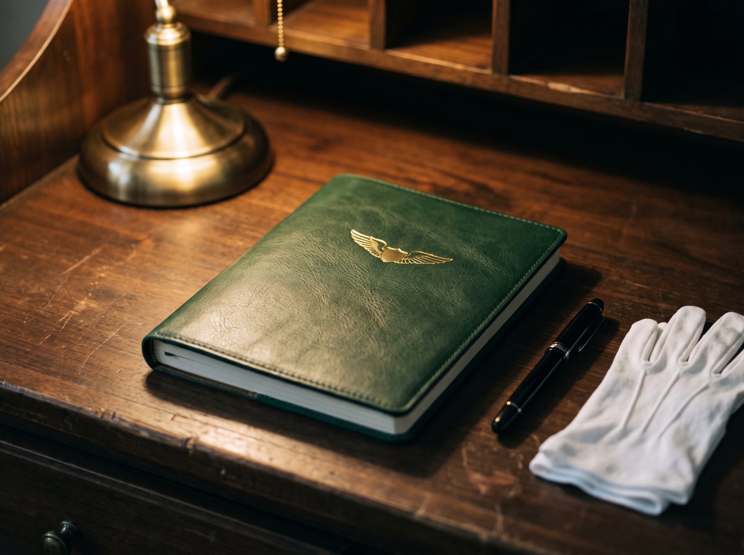 A deep green leather journal with a gold winged emblem on the cover, lying on a dark walnut counter under a brass lamp