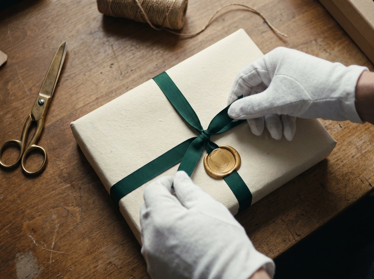 Gloved hands tying a cream paper parcel with a green ribbon and a pressed gold wax seal