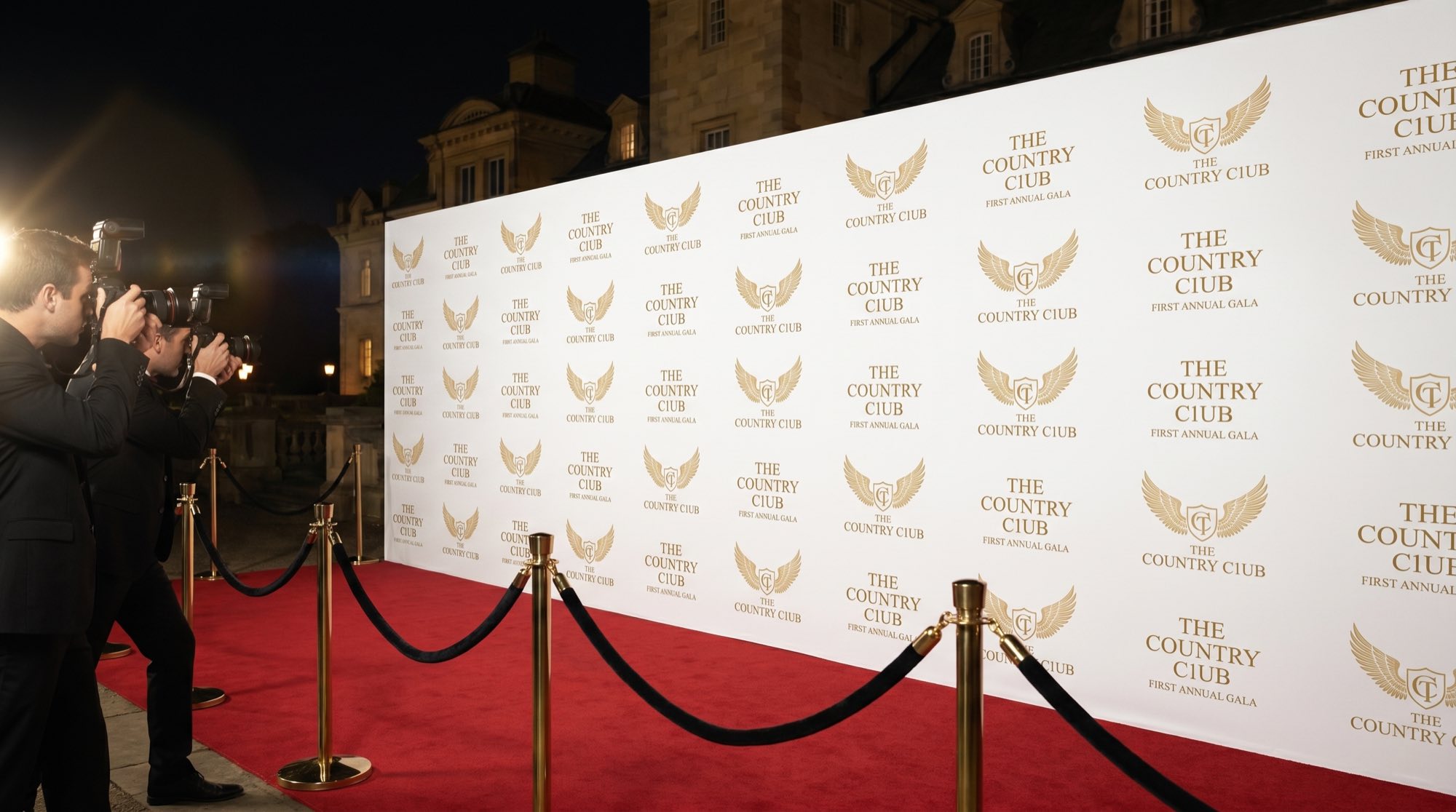 Photographers at the ropes of a red carpet before a wall of crests — the rooms where attention gathers