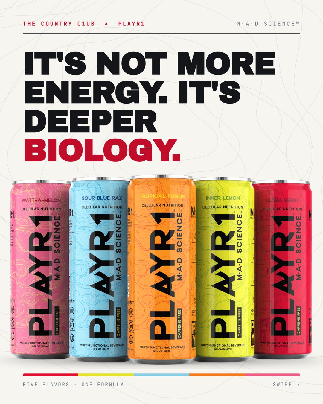 Slide 1 — The Mad Science: the five PLAYR1 cans in a lineup, full bleed