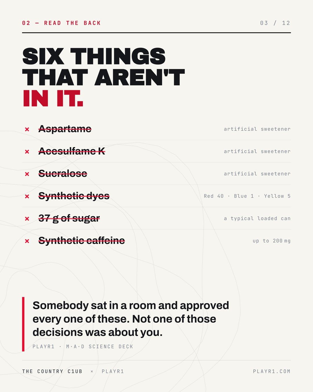 Slide 3 — the back of the can: six things that are not in it, struck through