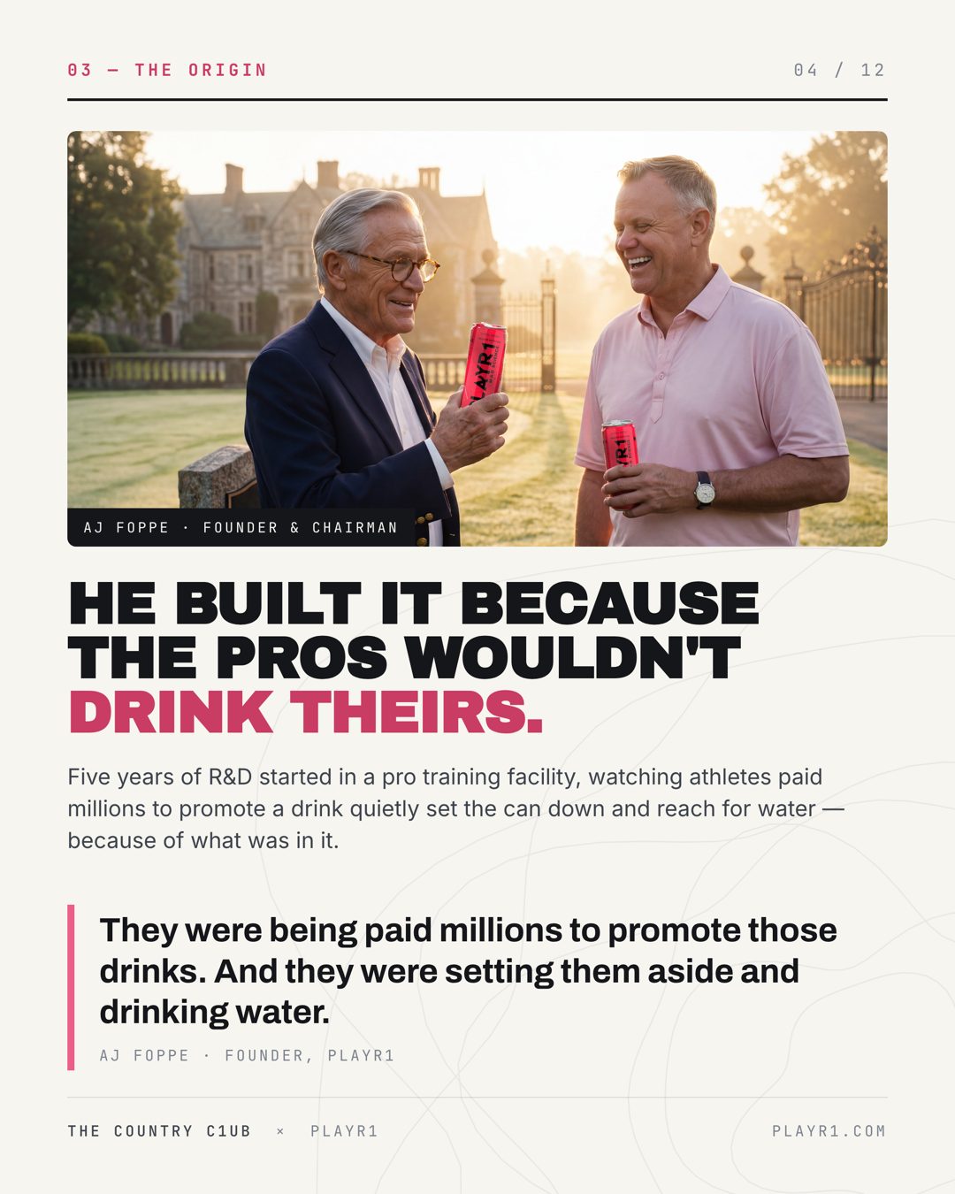 Slide 4 — the origin: AJ Foppe's story, with Bill and AJ on the first tee