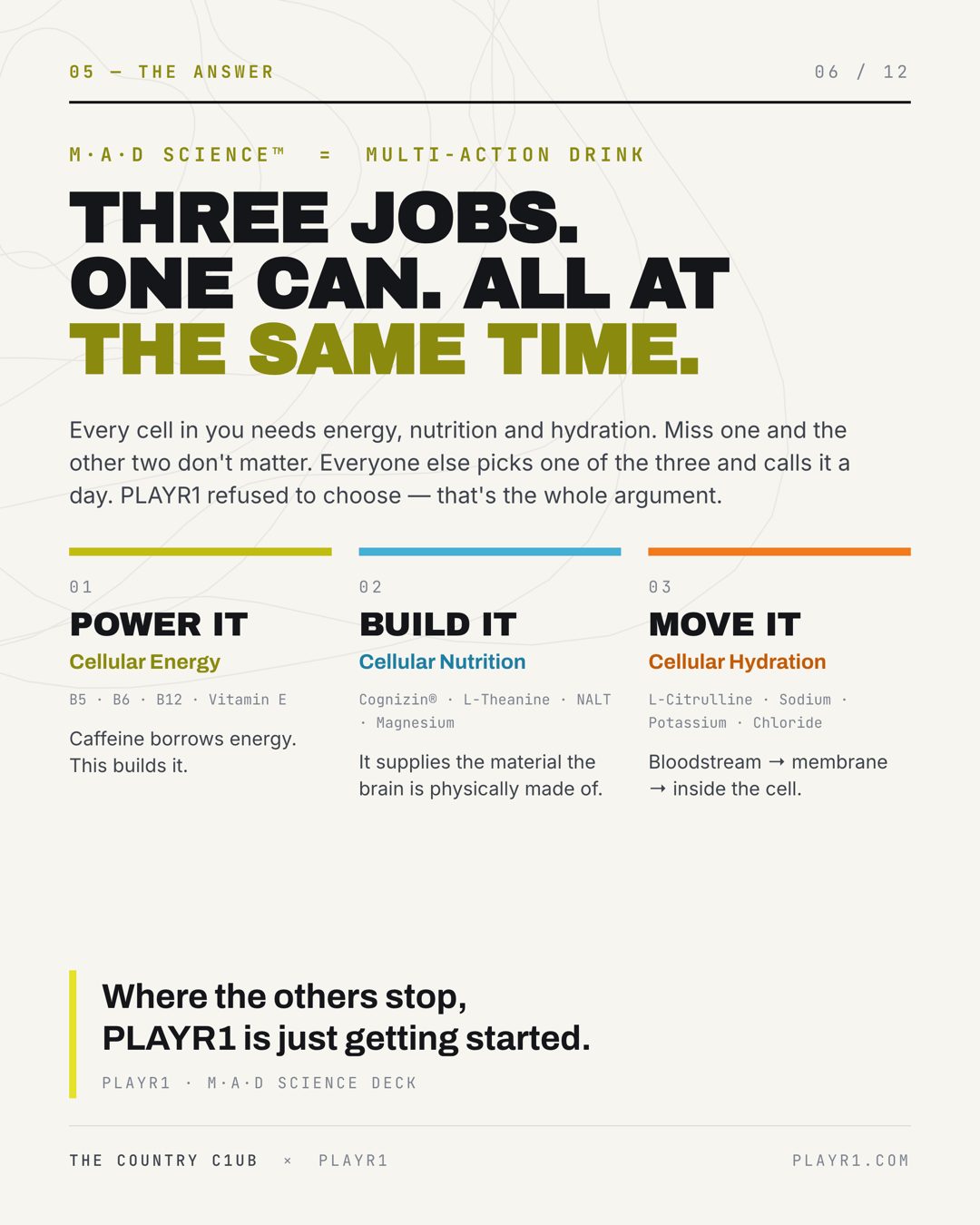 Slide 6 — the three cellular jobs: energy, nutrition, hydration