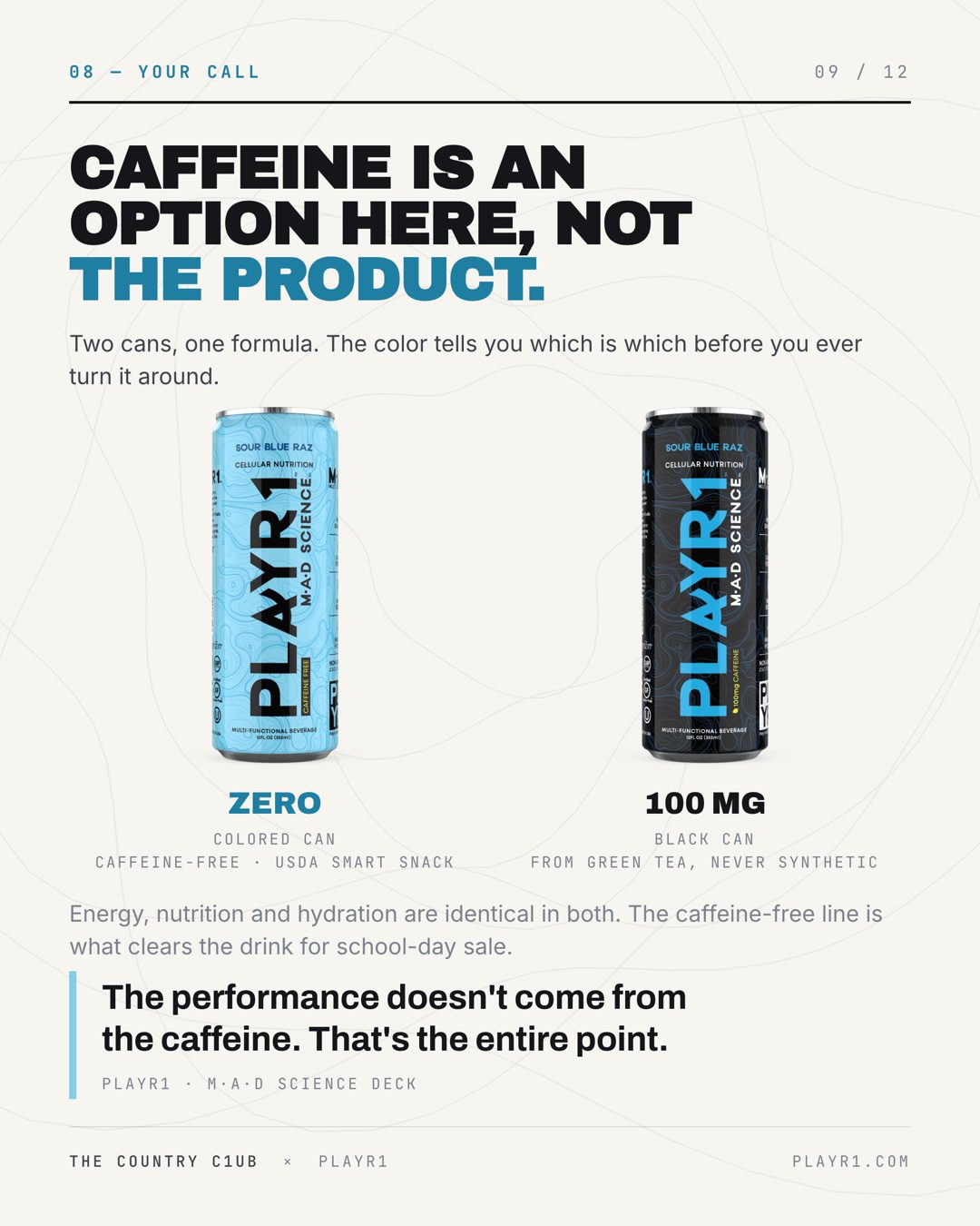 Slide 9 — caffeine is optional: the coloured can beside the black can
