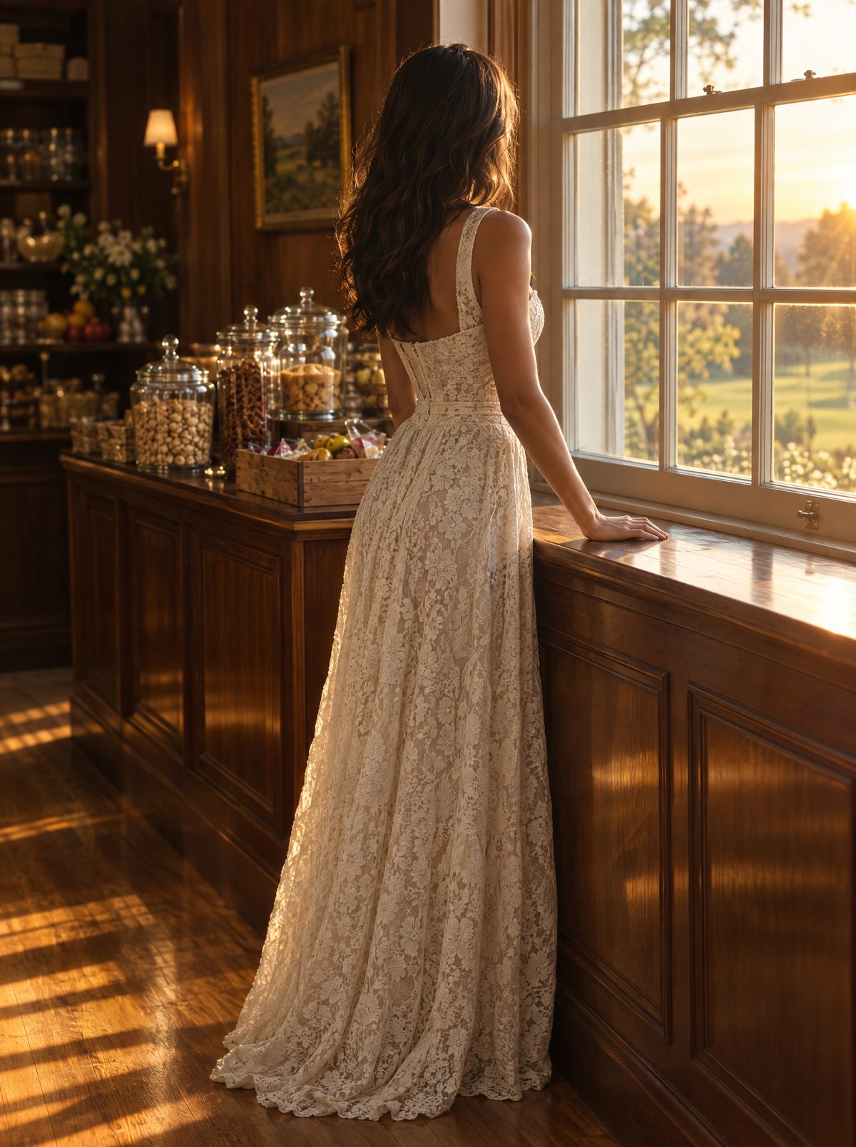 A woman in an ivory lace maxi dress standing at the sunlit window of the Snack Shop, seen from behind