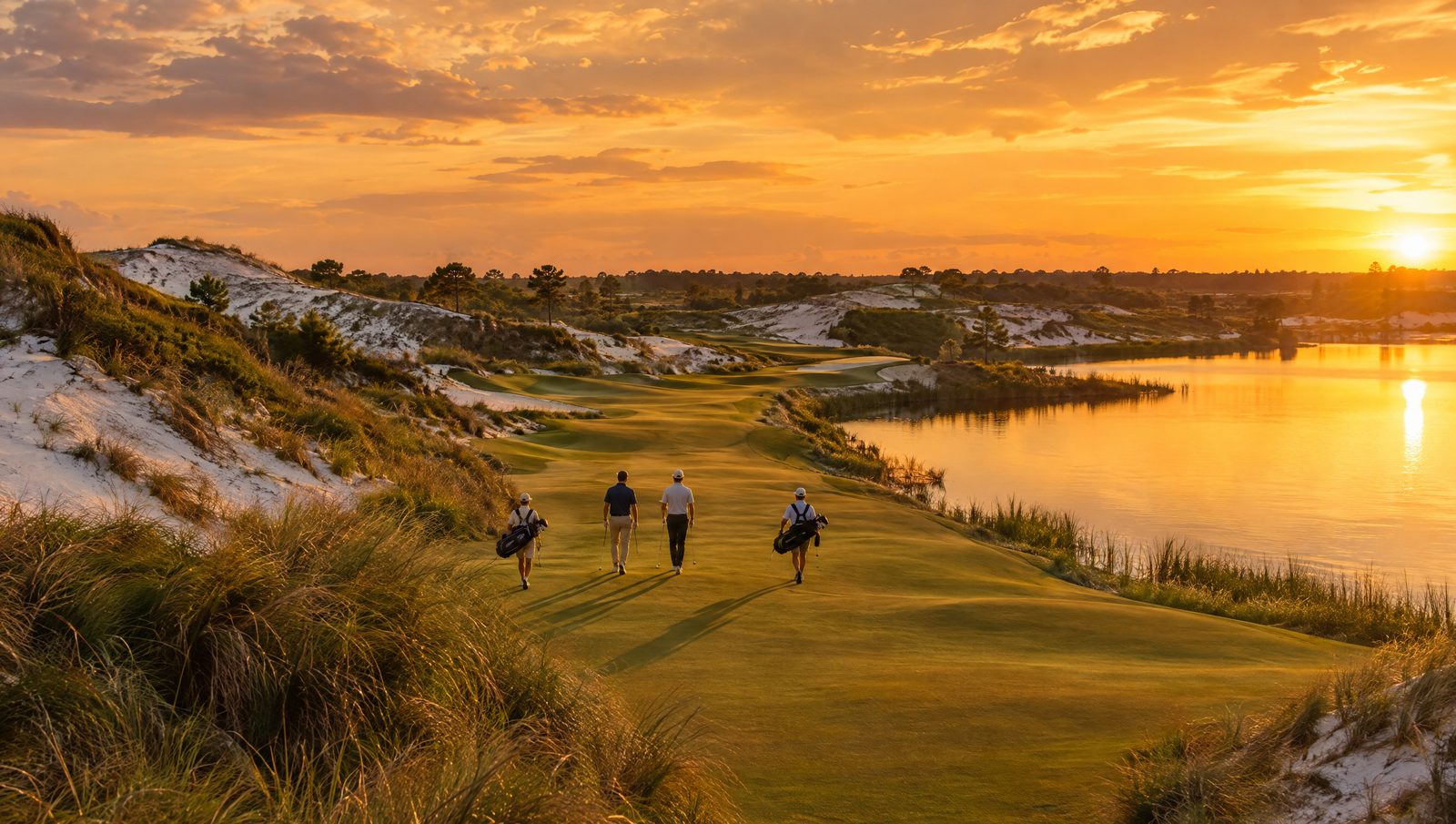 Two players and two caddies walking a fairway between towering sand dunes at golden hour