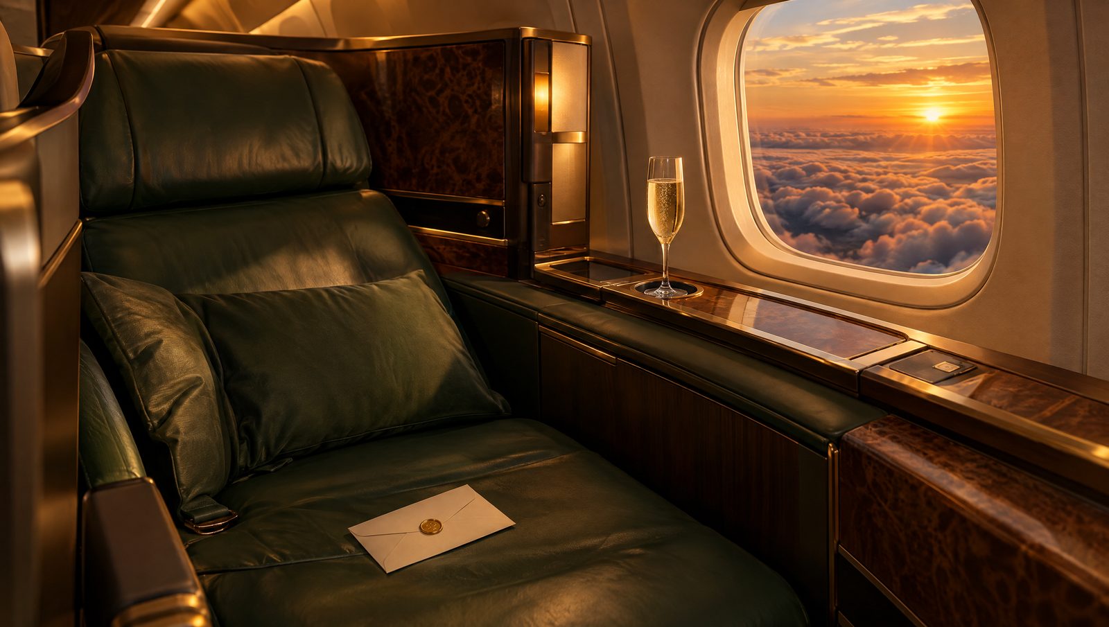 A lie-flat business class seat at dusk with a champagne flute and a cream envelope sealed in gold wax on the cushion