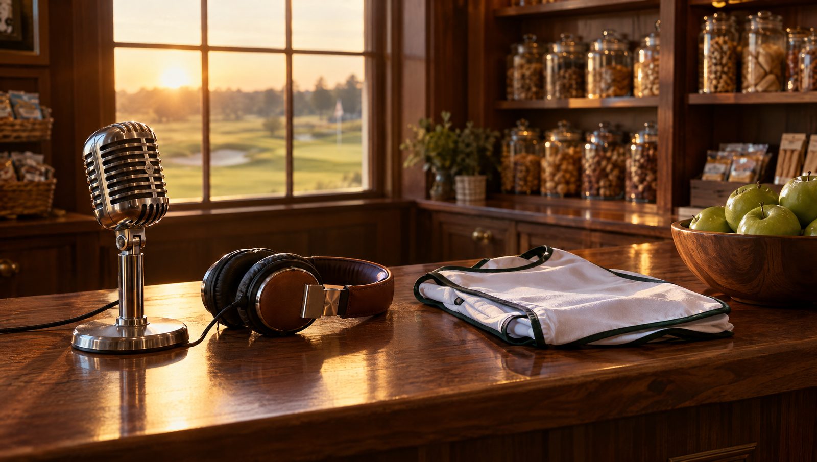 A broadcast microphone, headphones and a folded white caddie bib on the Snack Shop counter in golden light