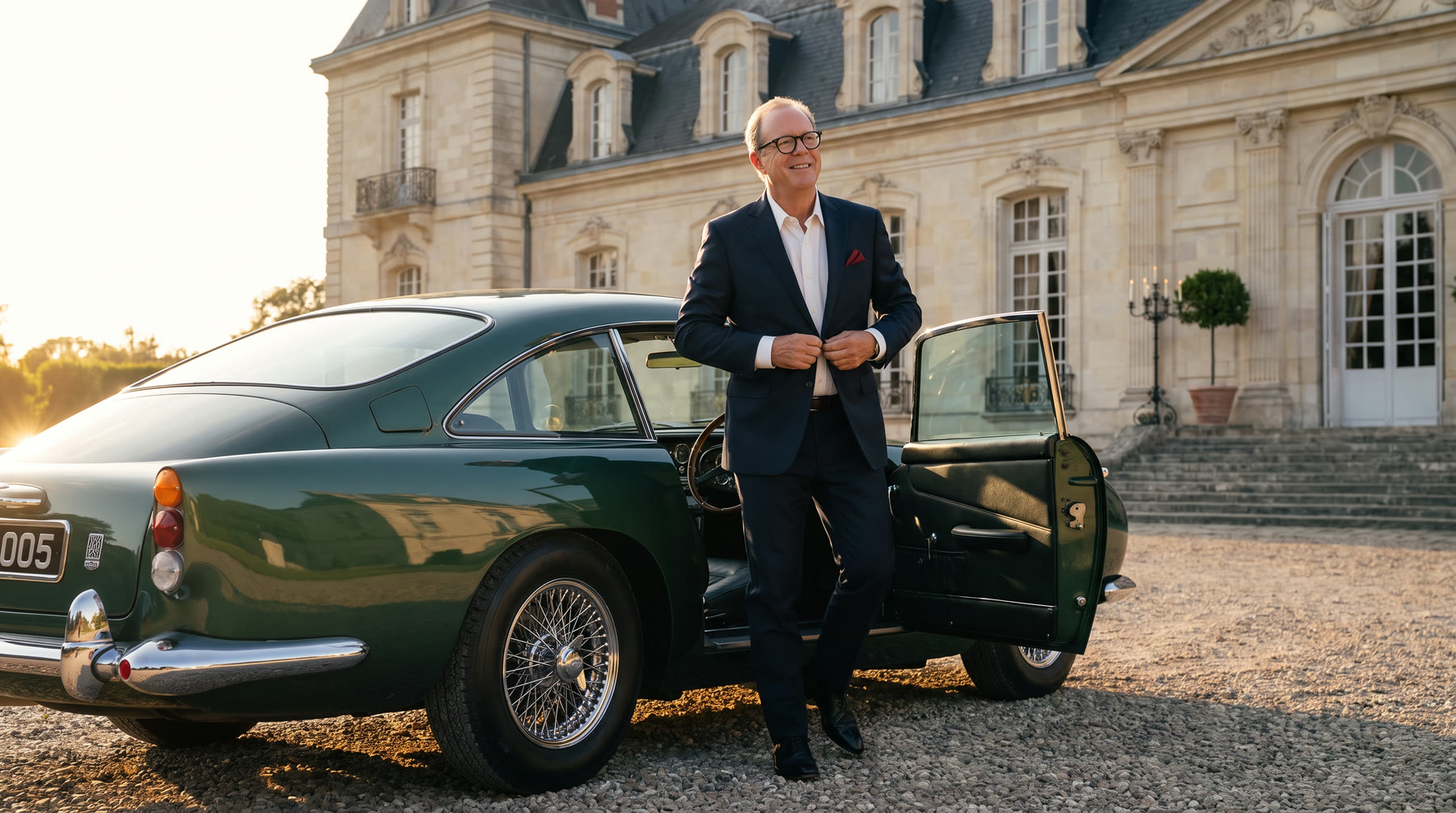 Steven Barouh in a navy suit and dark-rimmed glasses stepping out of a green vintage Aston Martin on the gravel in front of the c1ubhouse, late-afternoon sun