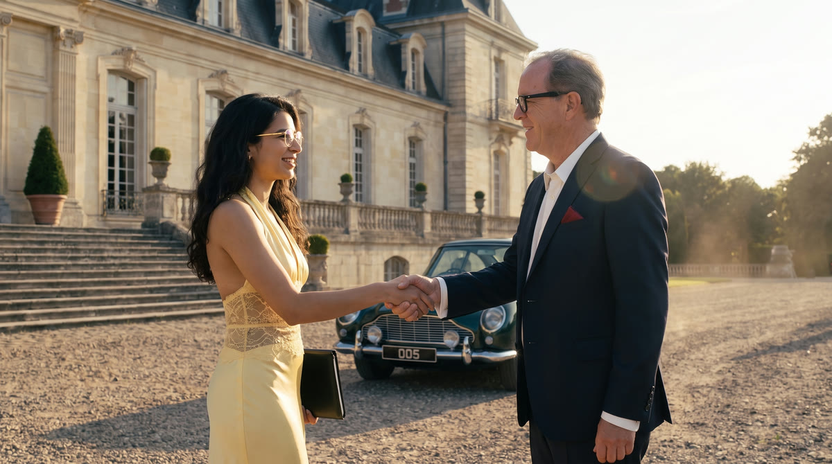 Dani, the c1ub's Secretary, in a pale yellow gown, shaking hands with Steven Barouh in front of the green Aston