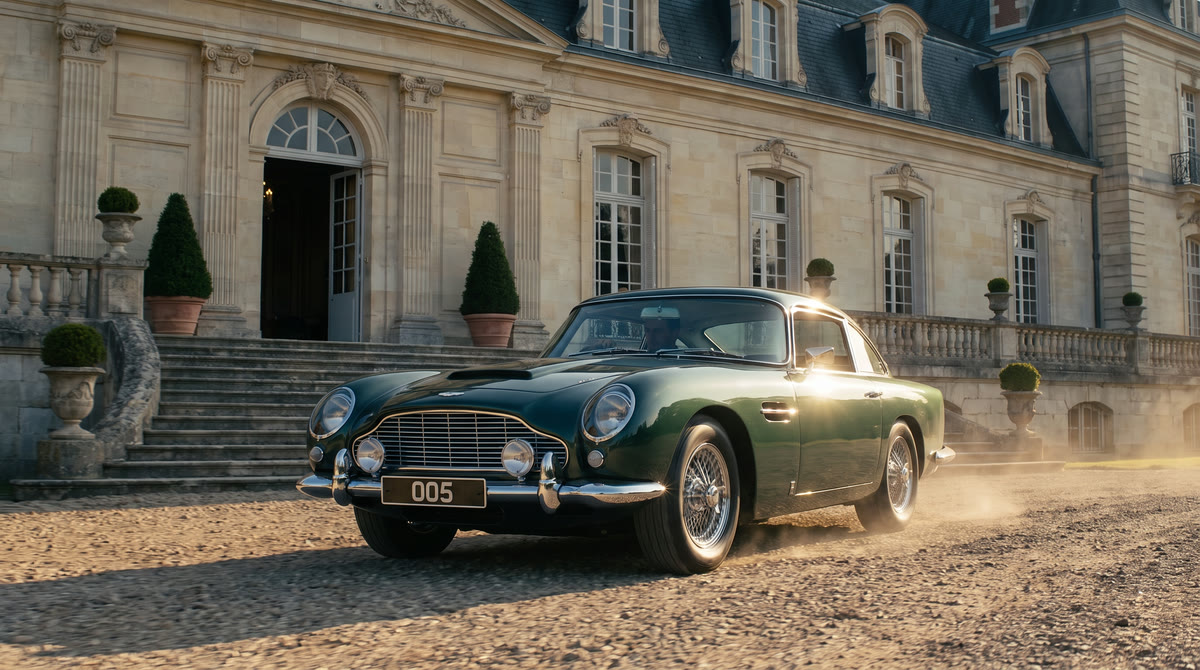 A green vintage Aston Martin rolling across the gravel forecourt of the c1ubhouse, dust in the low sun