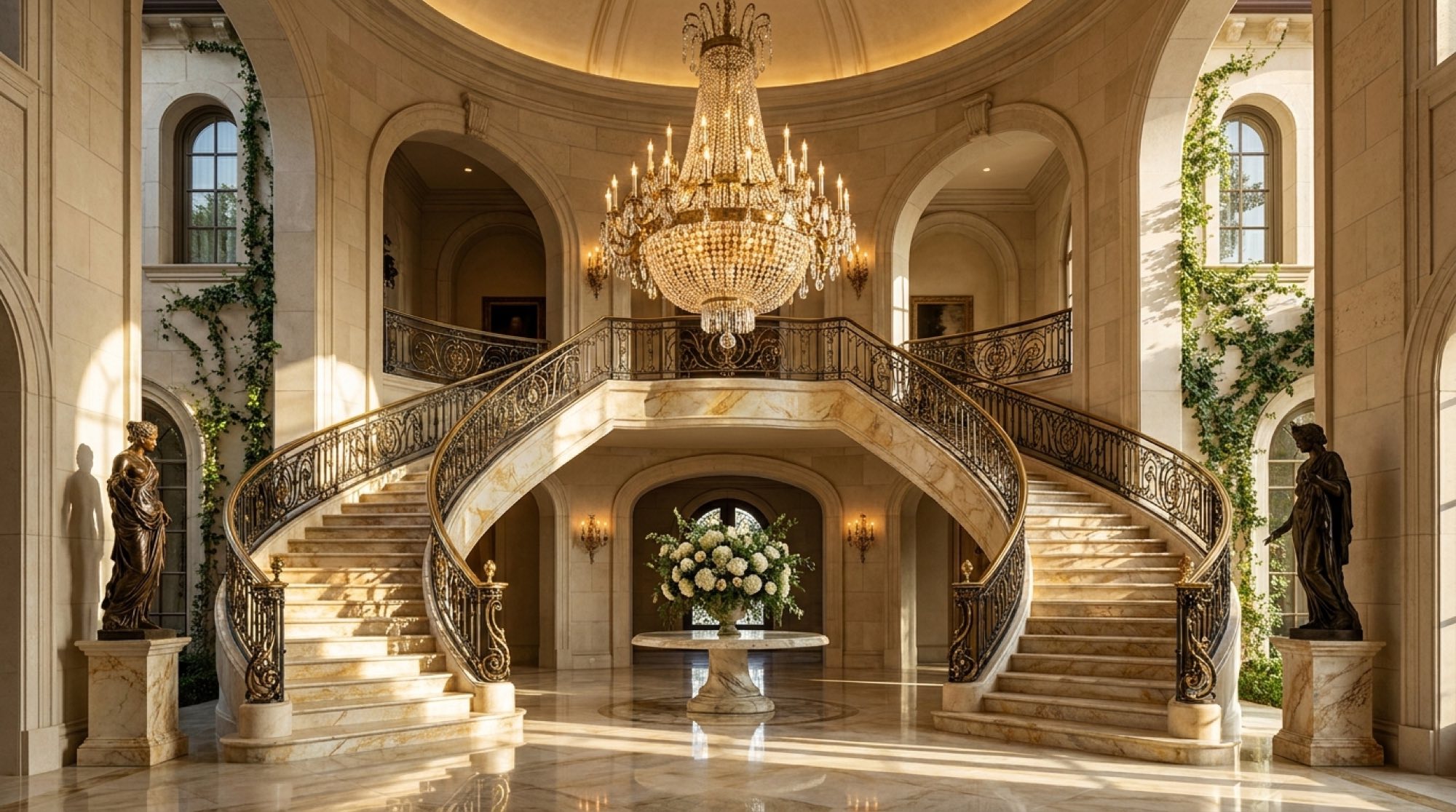 A grand marble double staircase under a chandelier — every step an honest yes