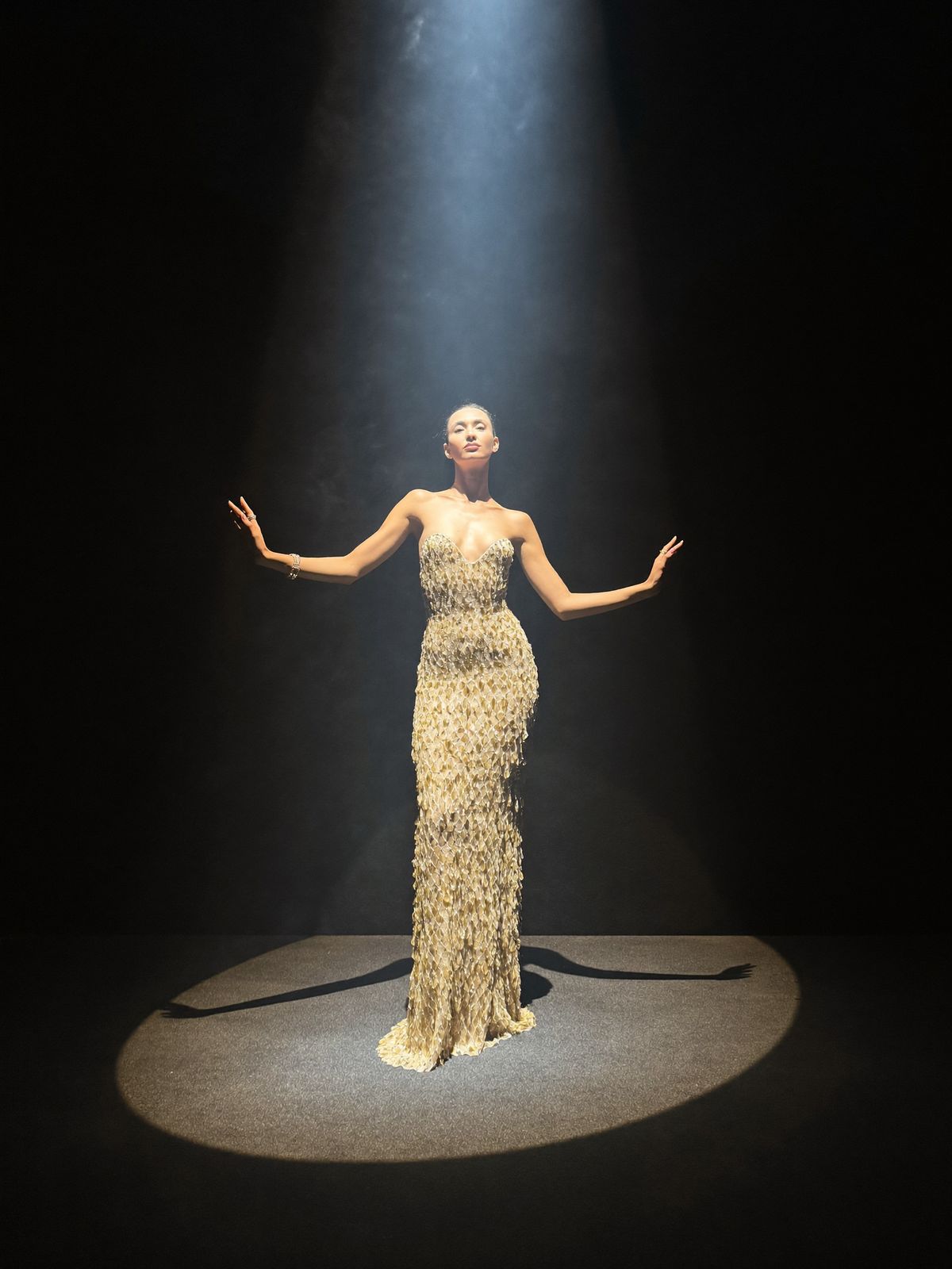 A woman in a gold sequined gown standing alone in a single theatrical spotlight on a dark stage