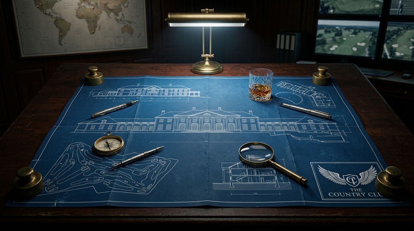 Drafting plans on a desk under a lamp