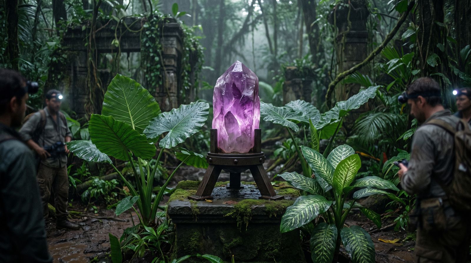 An amethyst crystal glowing in a lamplit expedition camp