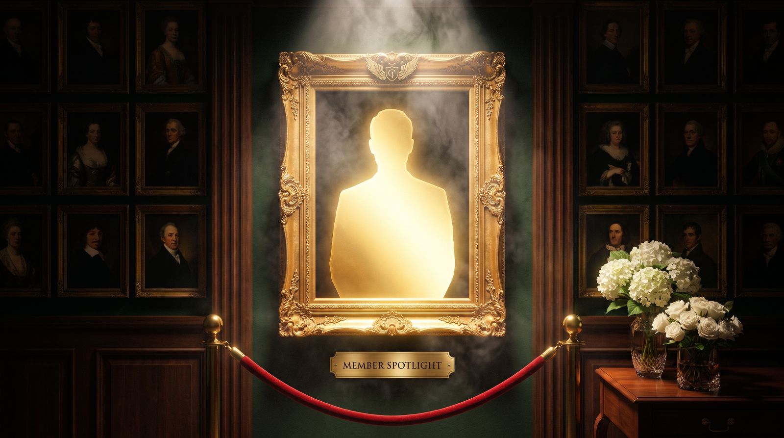 A gilded frame glowing under a spotlight on the c1ub's portrait wall