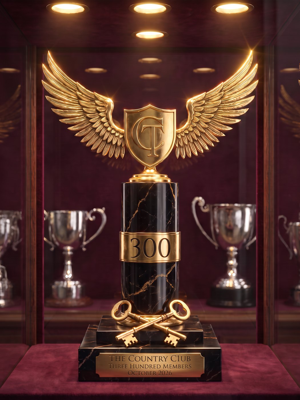 The 300 Members trophy — the c1ub's winged crest cast in solid gold on a black marble column, a gold band engraved 300, two antique gold keys crossed at its foot, the plate engraved The Country C1ub, Three Hundred Members, October 2026, inside a lit trophy cabinet