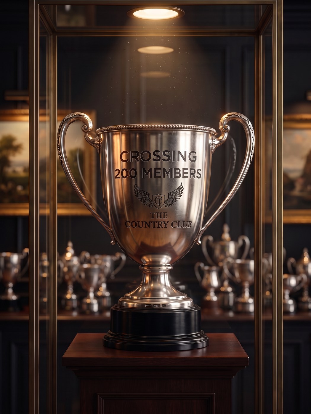 A sterling silver loving cup under a single spotlight inside a brass-framed glass case, engraved Crossing 200 Members over the c1ub crest, rows of silver glowing in the dark behind