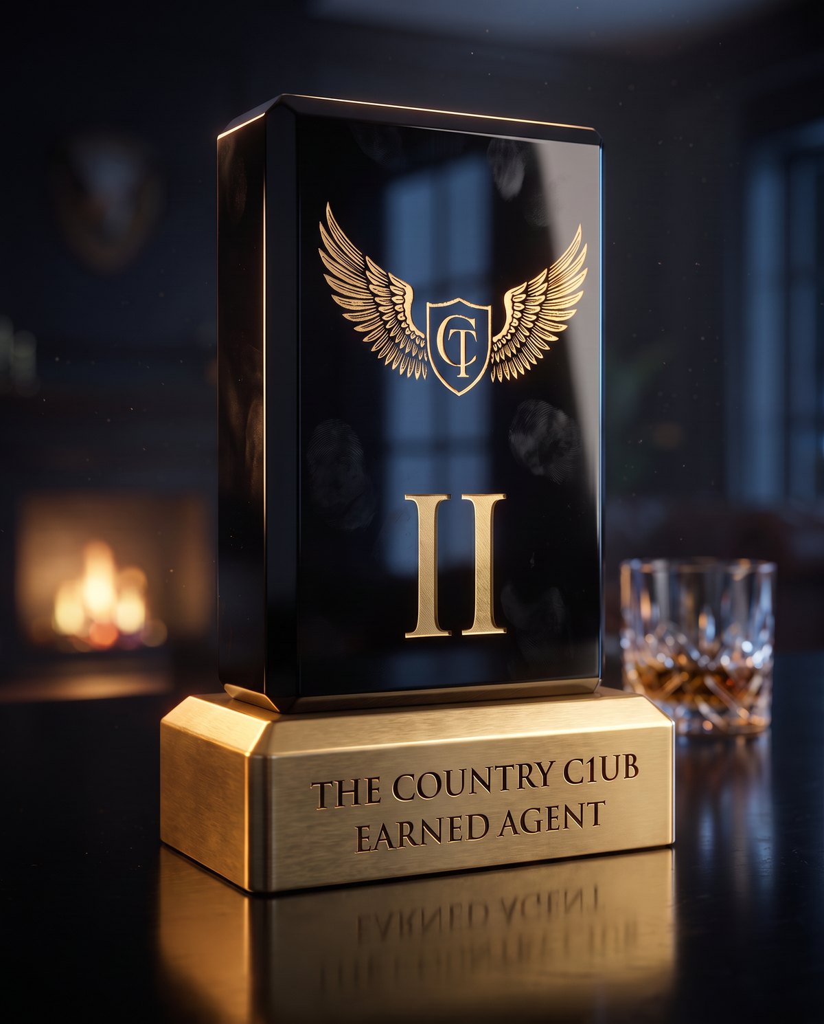 The Earned Agent trophy &mdash; a tall polished black obsidian monolith on a brushed gold base, the c1ub's winged crest inlaid in gold, a Roman II beneath it, the base engraved The Country C1ub, Earned Agent, firelight and a whisky glass behind