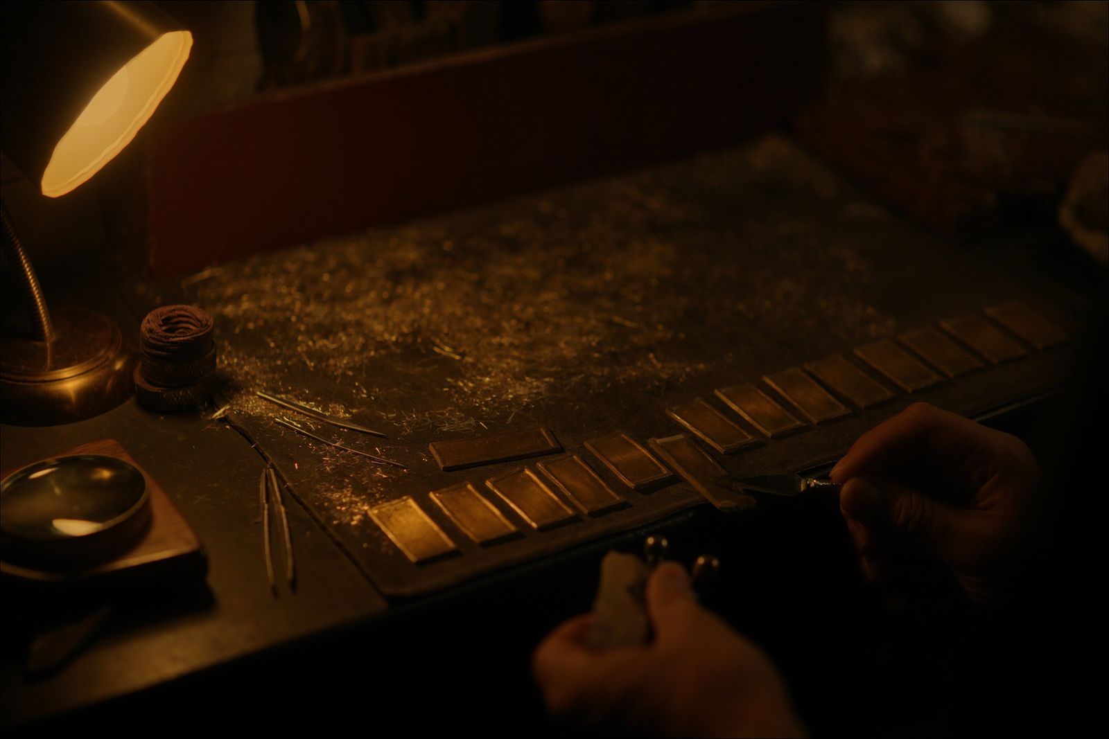 An engraver's bench under a warm lamp — rows of blank brass plaques, fine tools, and brass shavings
