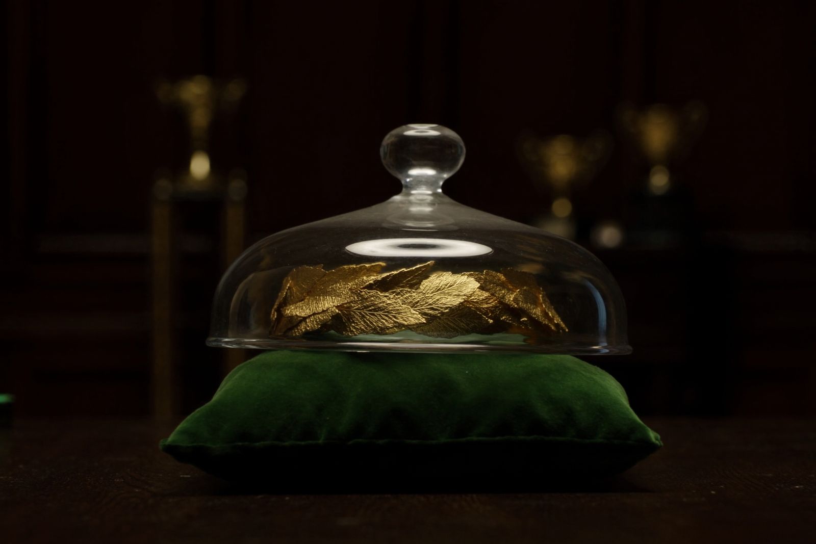 A gold laurel wreath on a deep green velvet cushion under a glass bell jar, trophies glowing softly in the dark behind