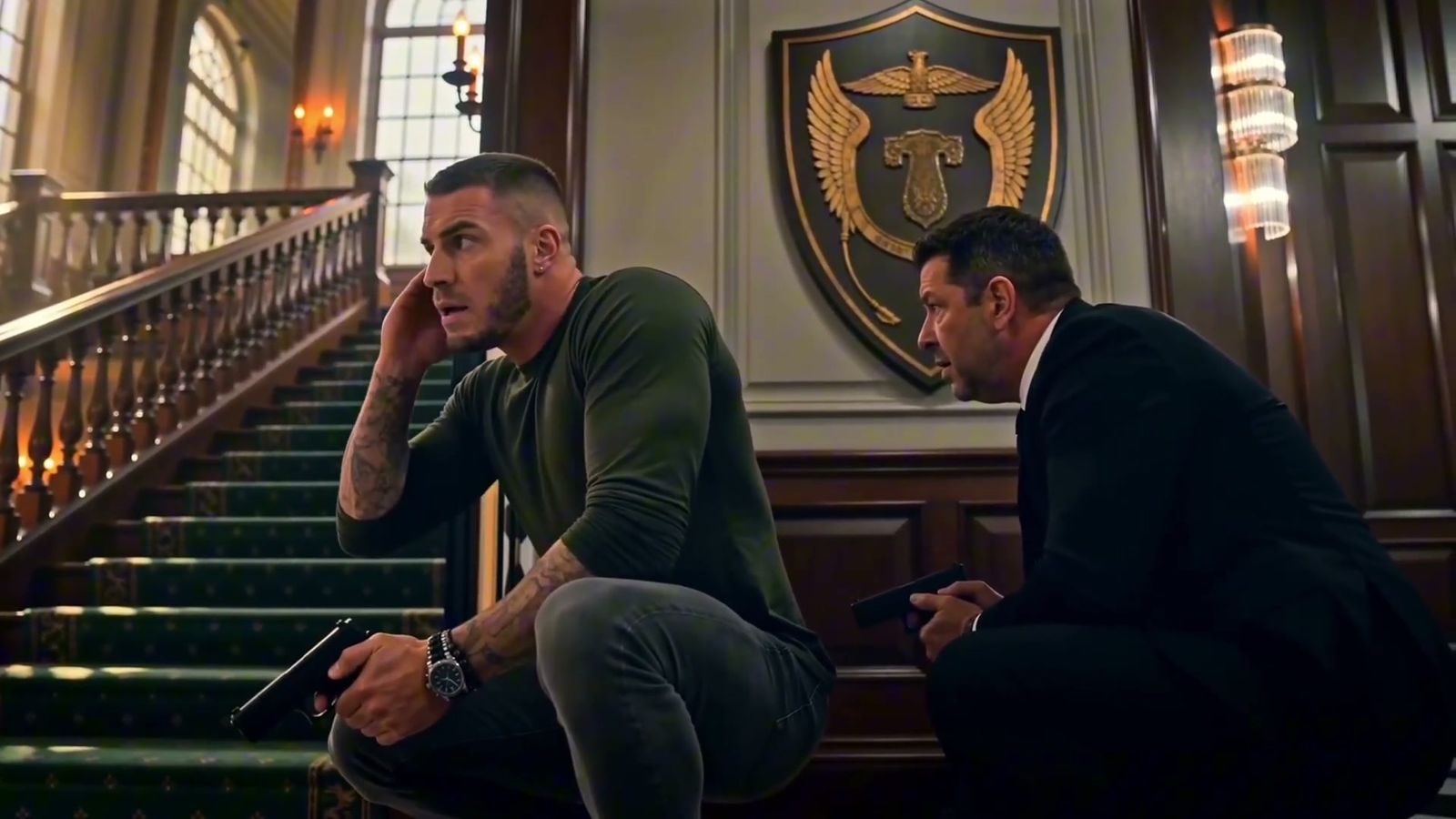 Two defenders crouched on the staircase under the crest, calling it in