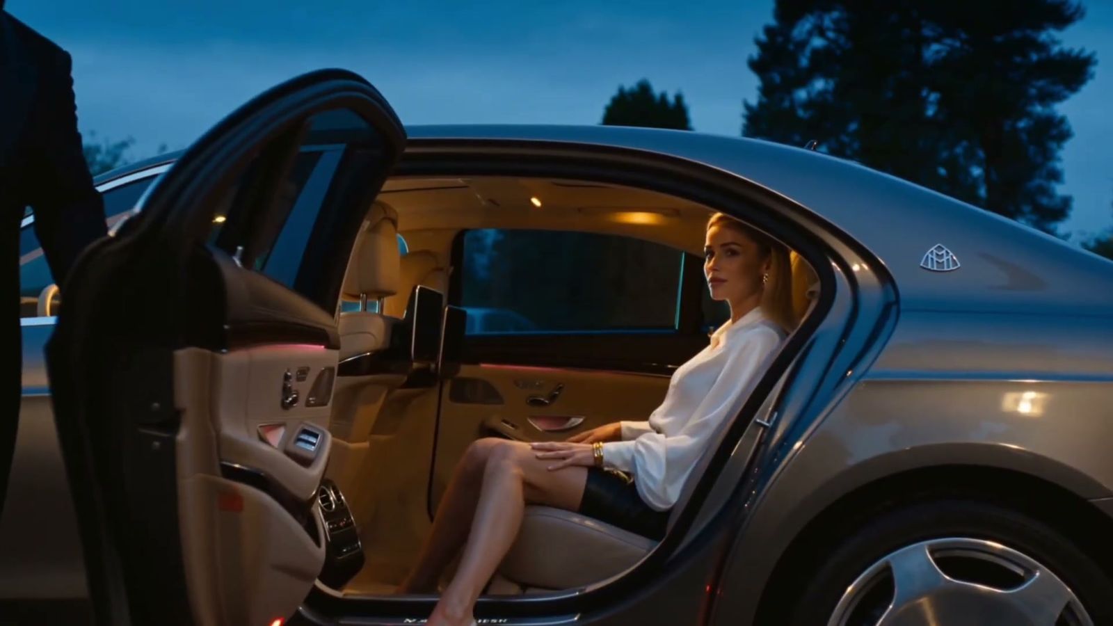 A member arriving by Maybach at night, door held open